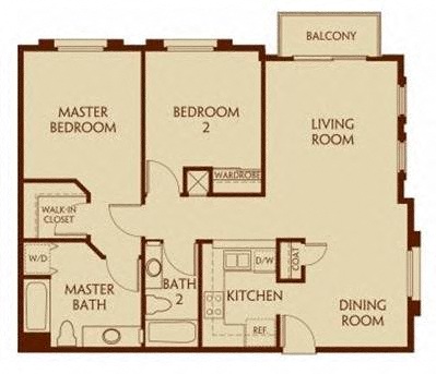 Floor plan for 2 beds, 2 baths, 1020 sqft